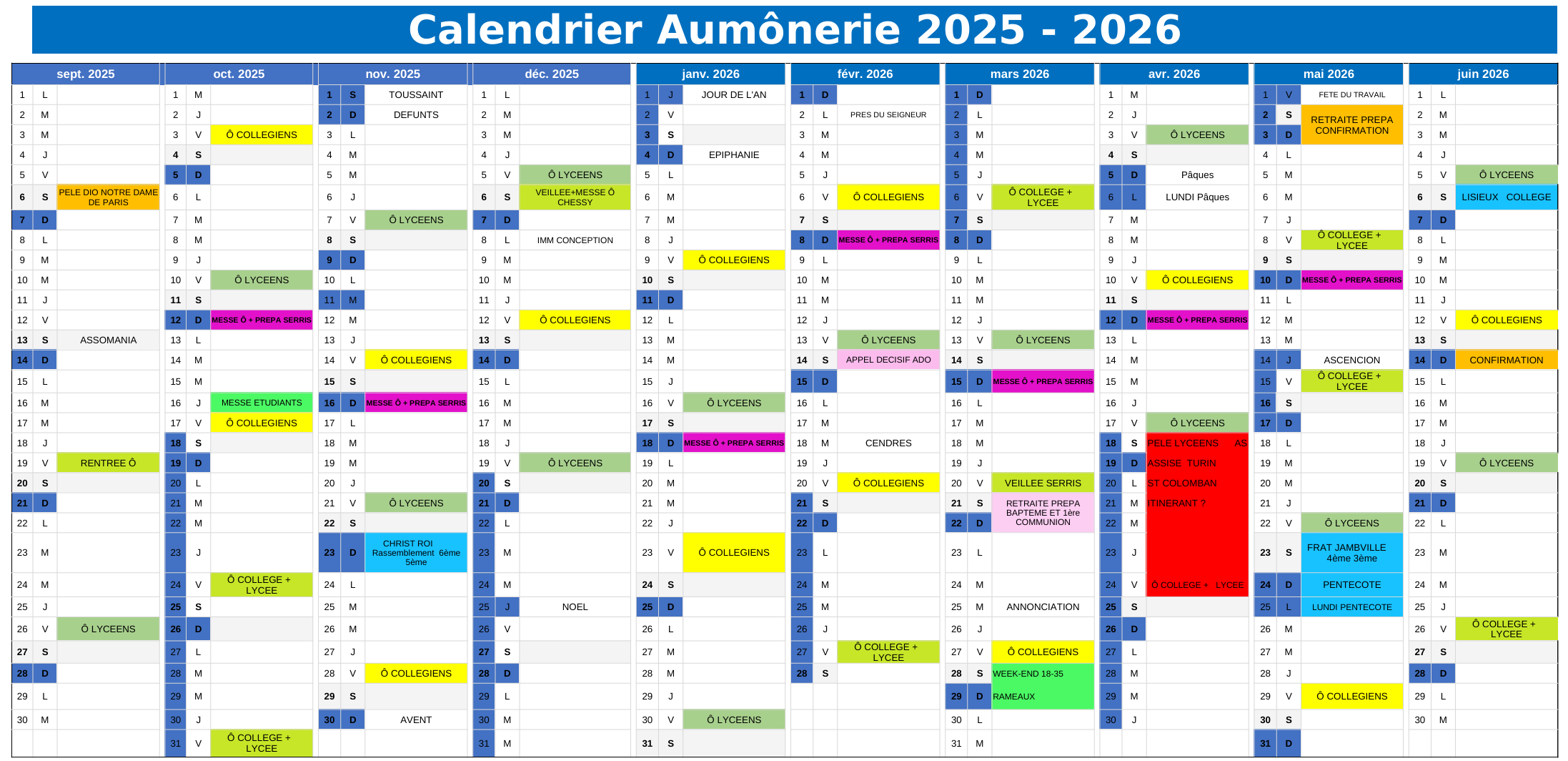 Calendrier Aumônerie 2025 - 2026